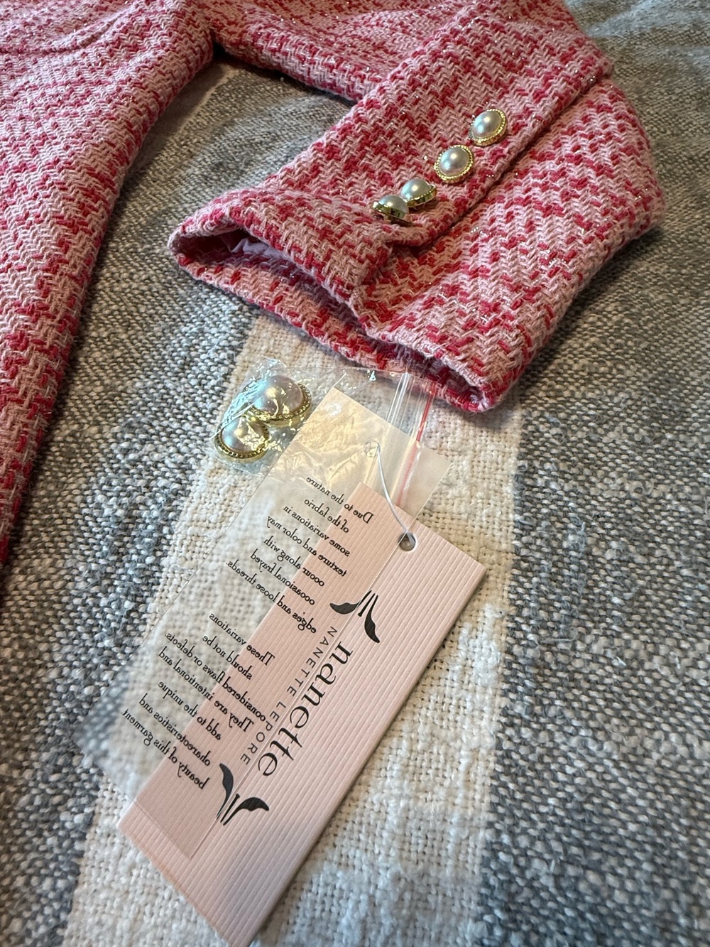 NWT Nanette Lapore SZ 12 Pink Tweed Long Sleeve Dress Faux Pearl Buttons - Picture 3 of 11